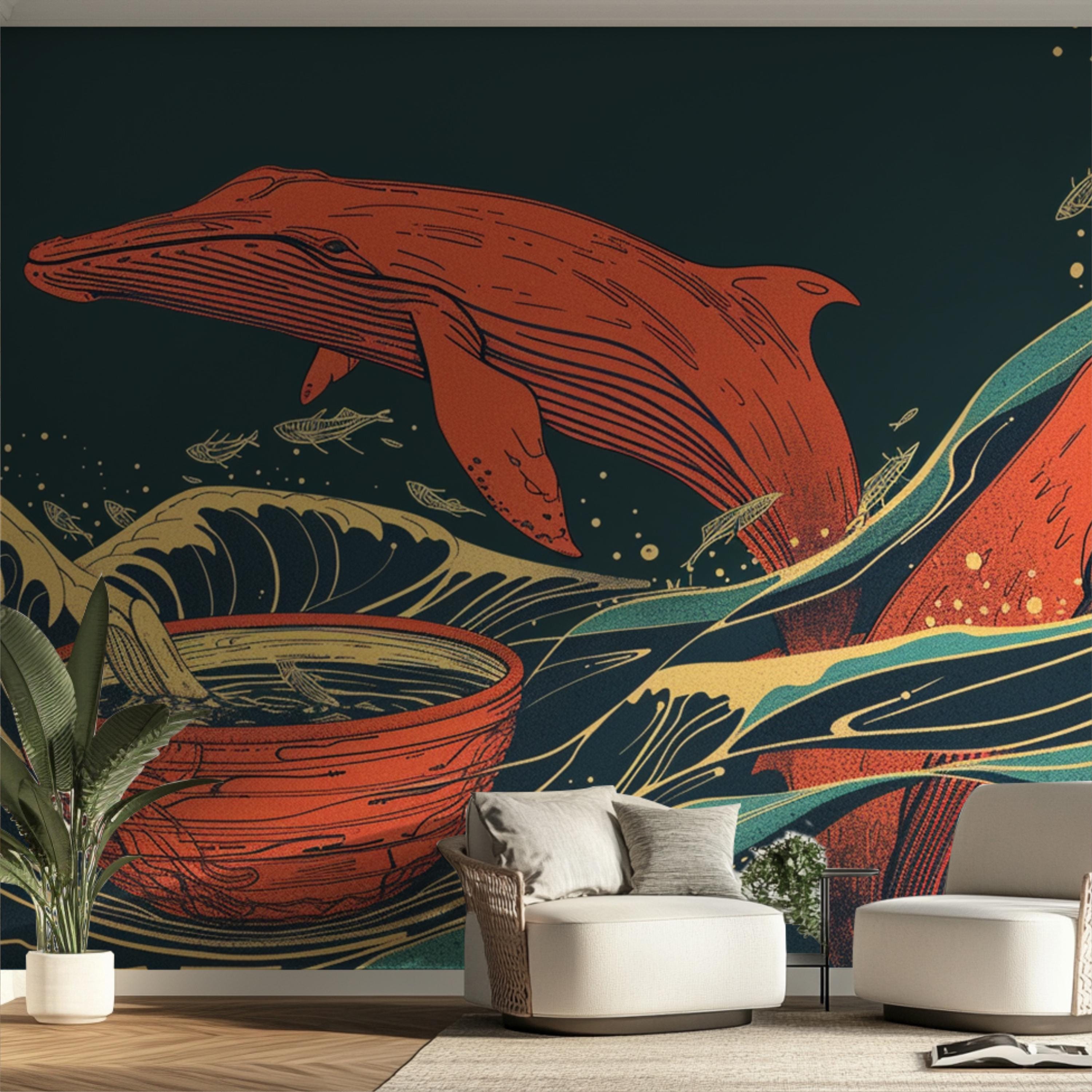 Vintage Japanese Red Whale Wallpaper