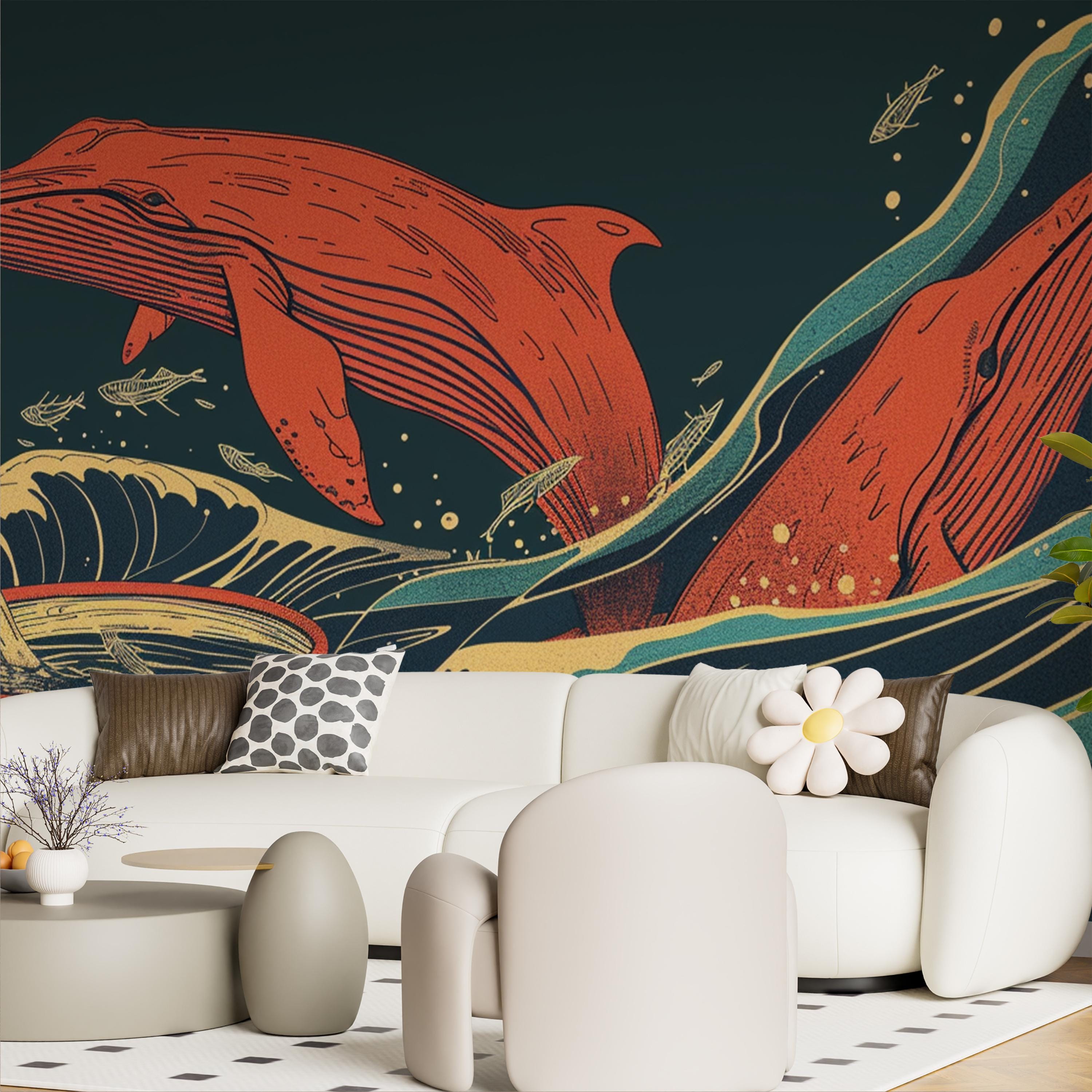 Vintage Japanese Red Whale Wallpaper