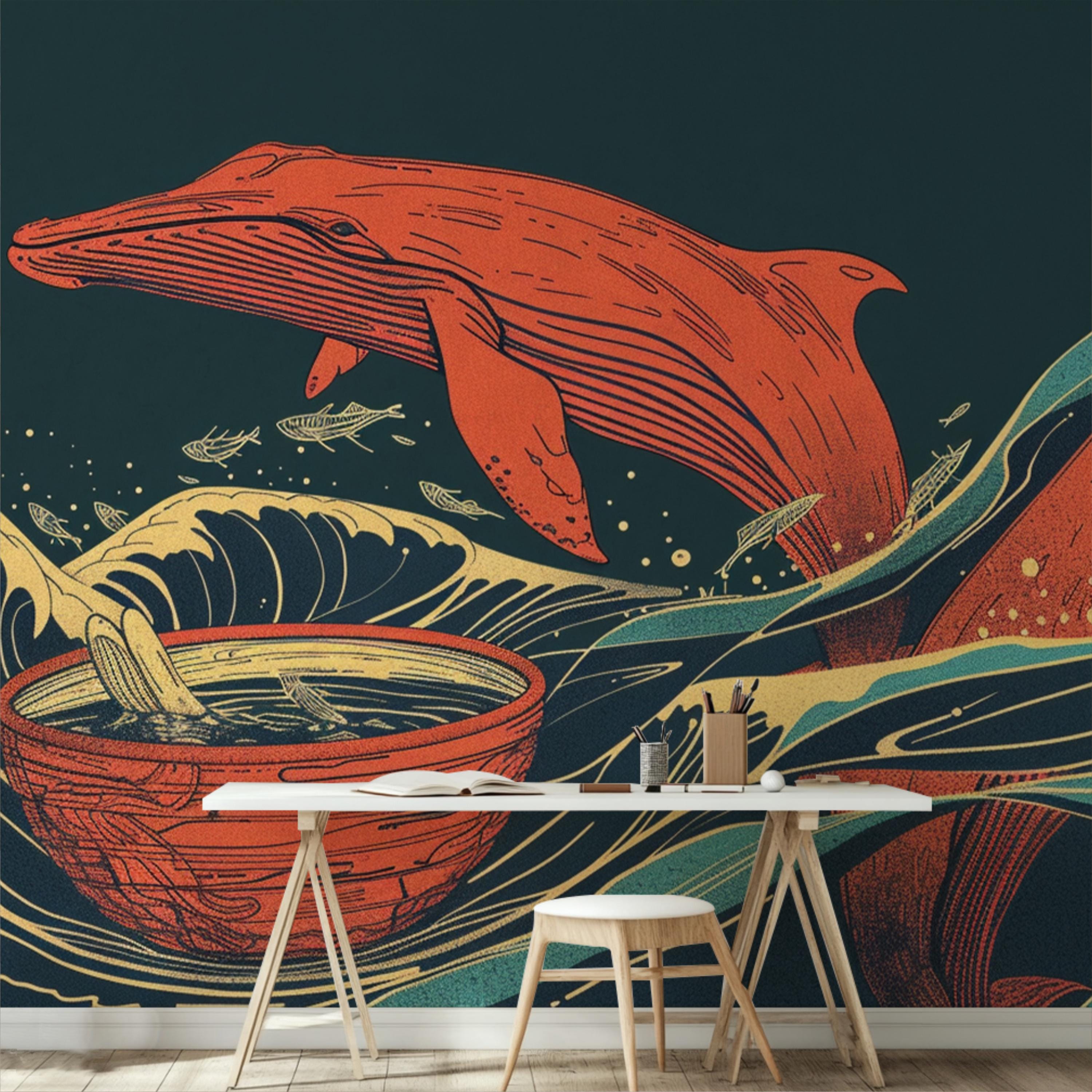 Vintage Japanese Red Whale Wallpaper