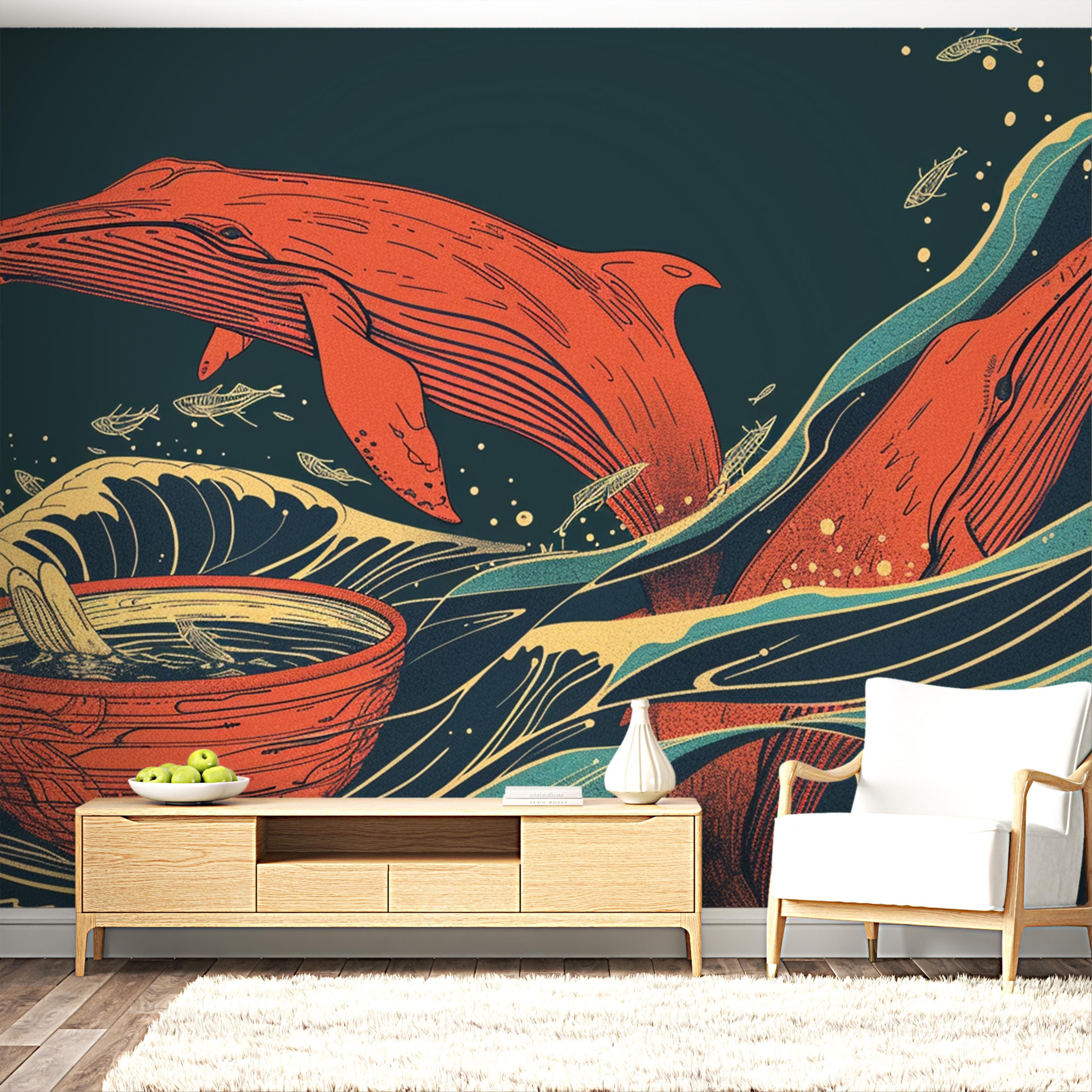 Vintage Japanese Red Whale Wallpaper