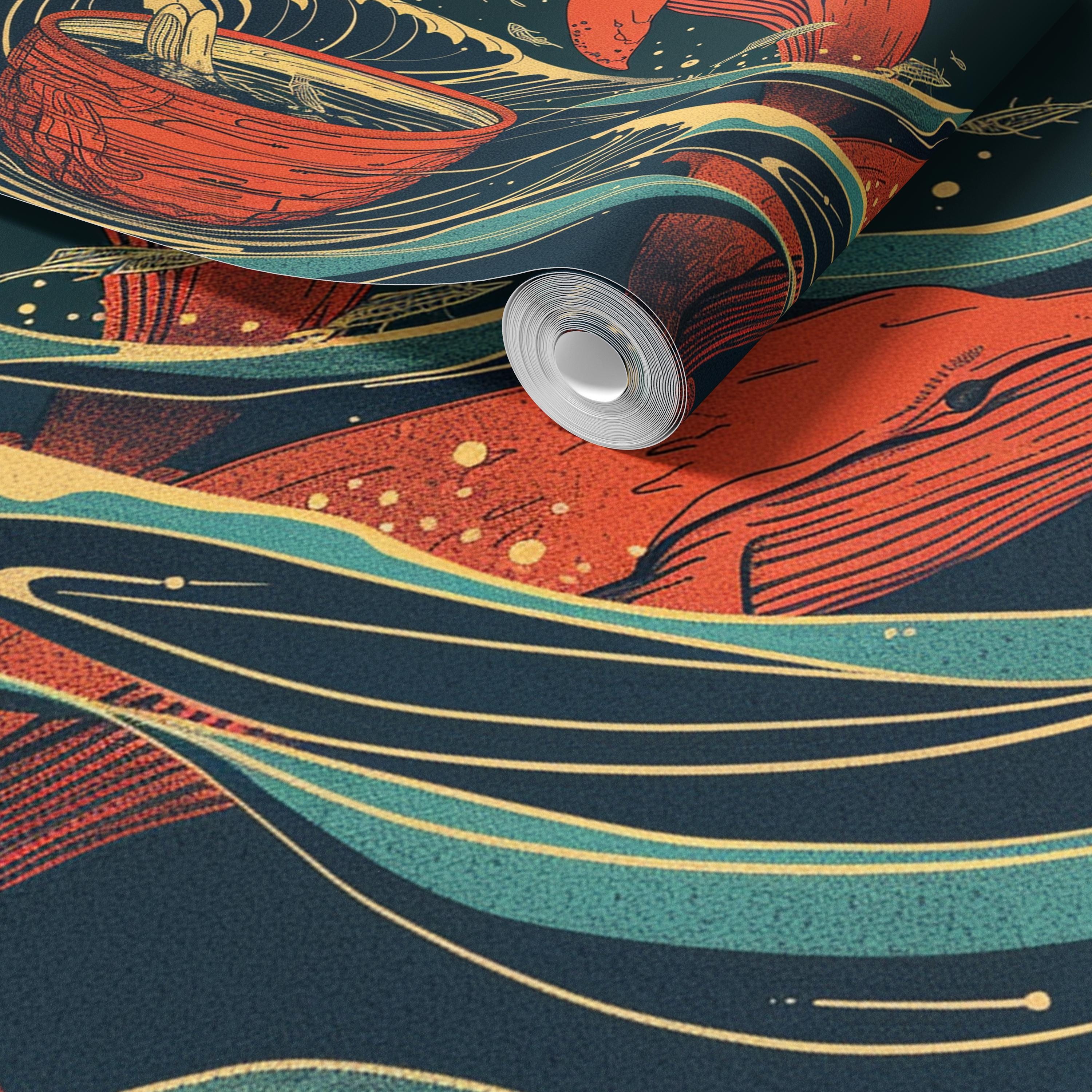 Vintage Japanese Red Whale Wallpaper