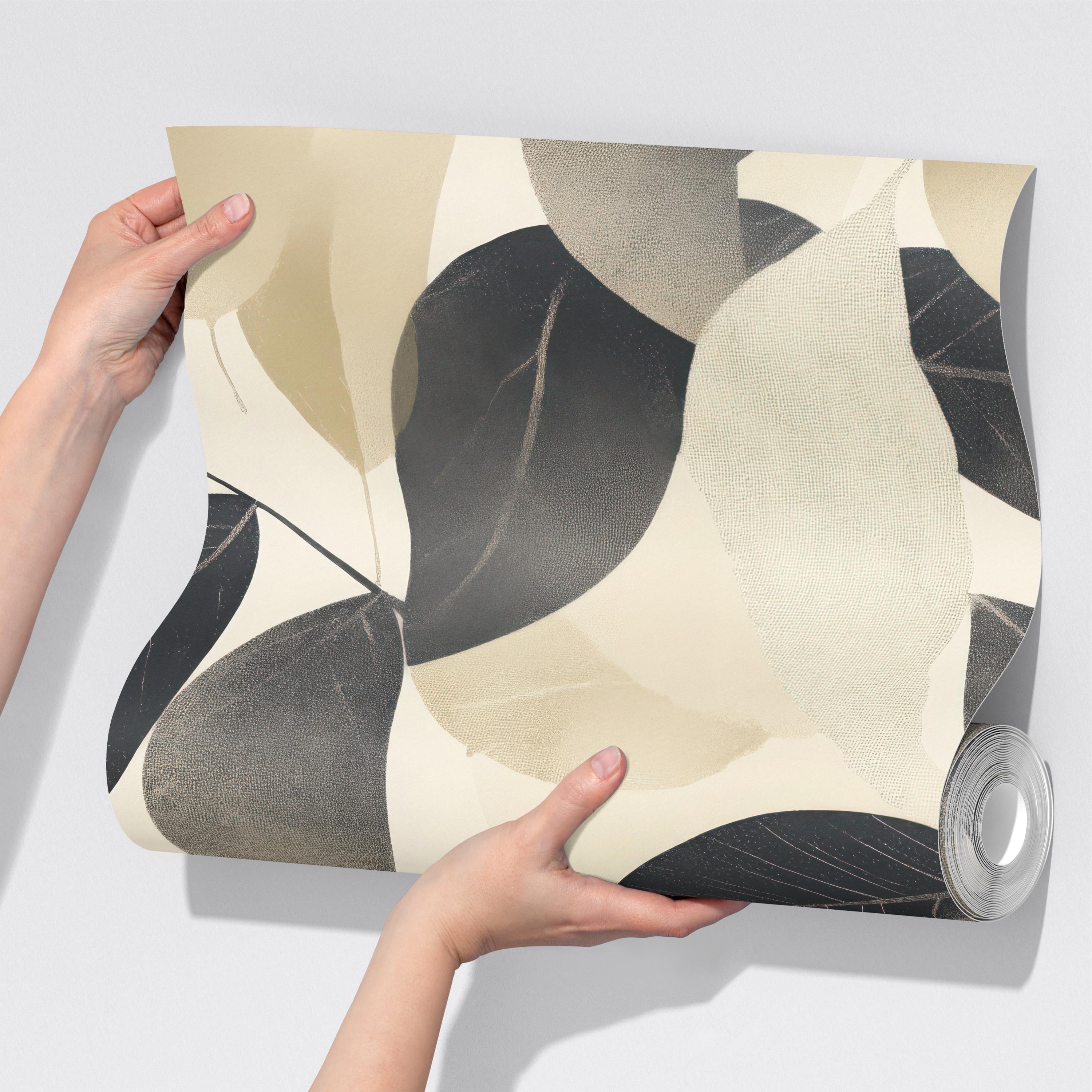 Neutral Beige and Black Leaf Wallpaper