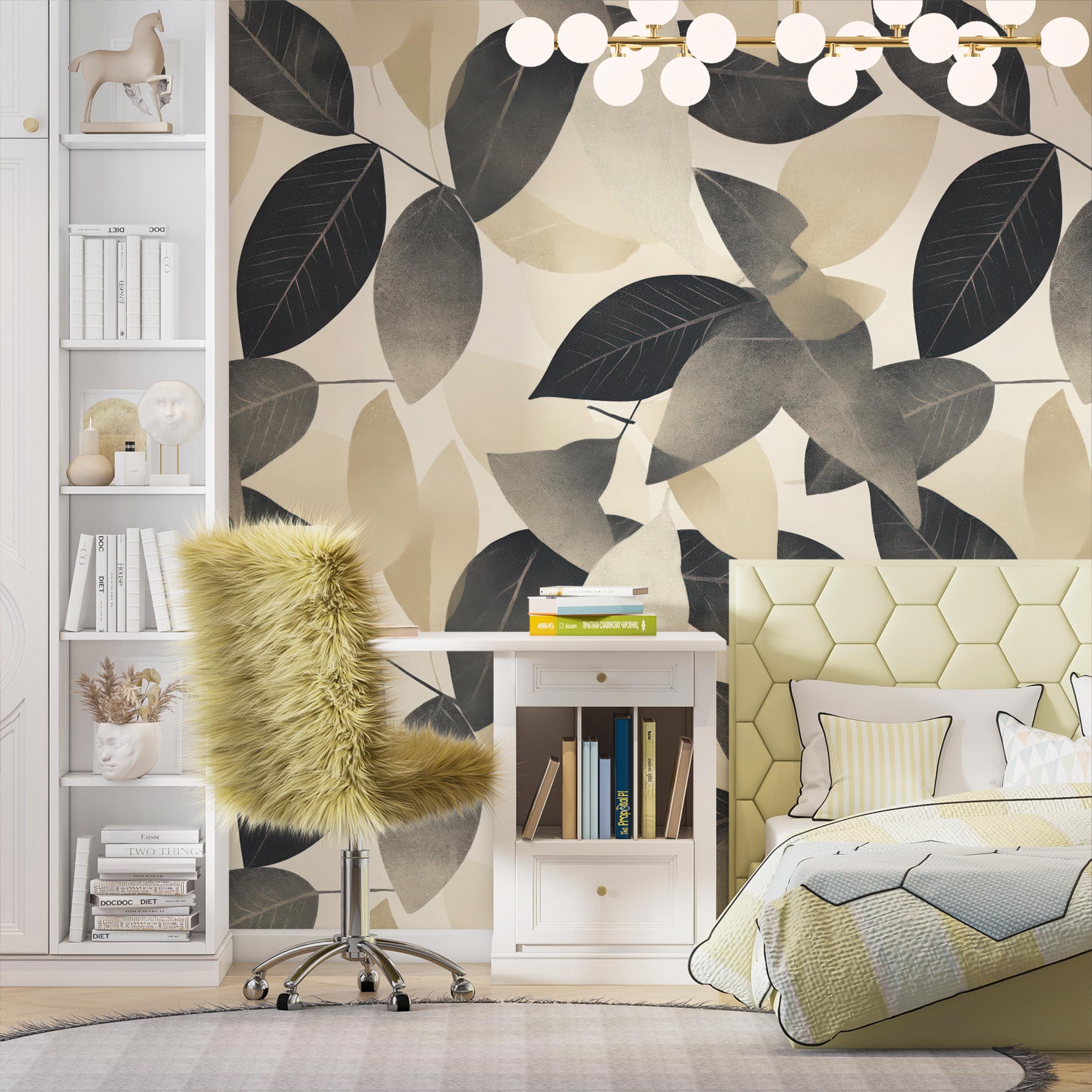 Neutral Beige and Black Leaf Wallpaper